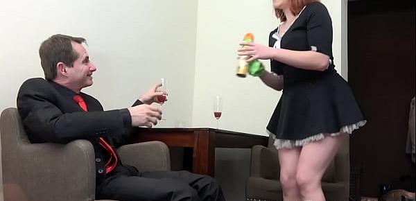  Ginger maid fucks with mature boss and his chubby wife